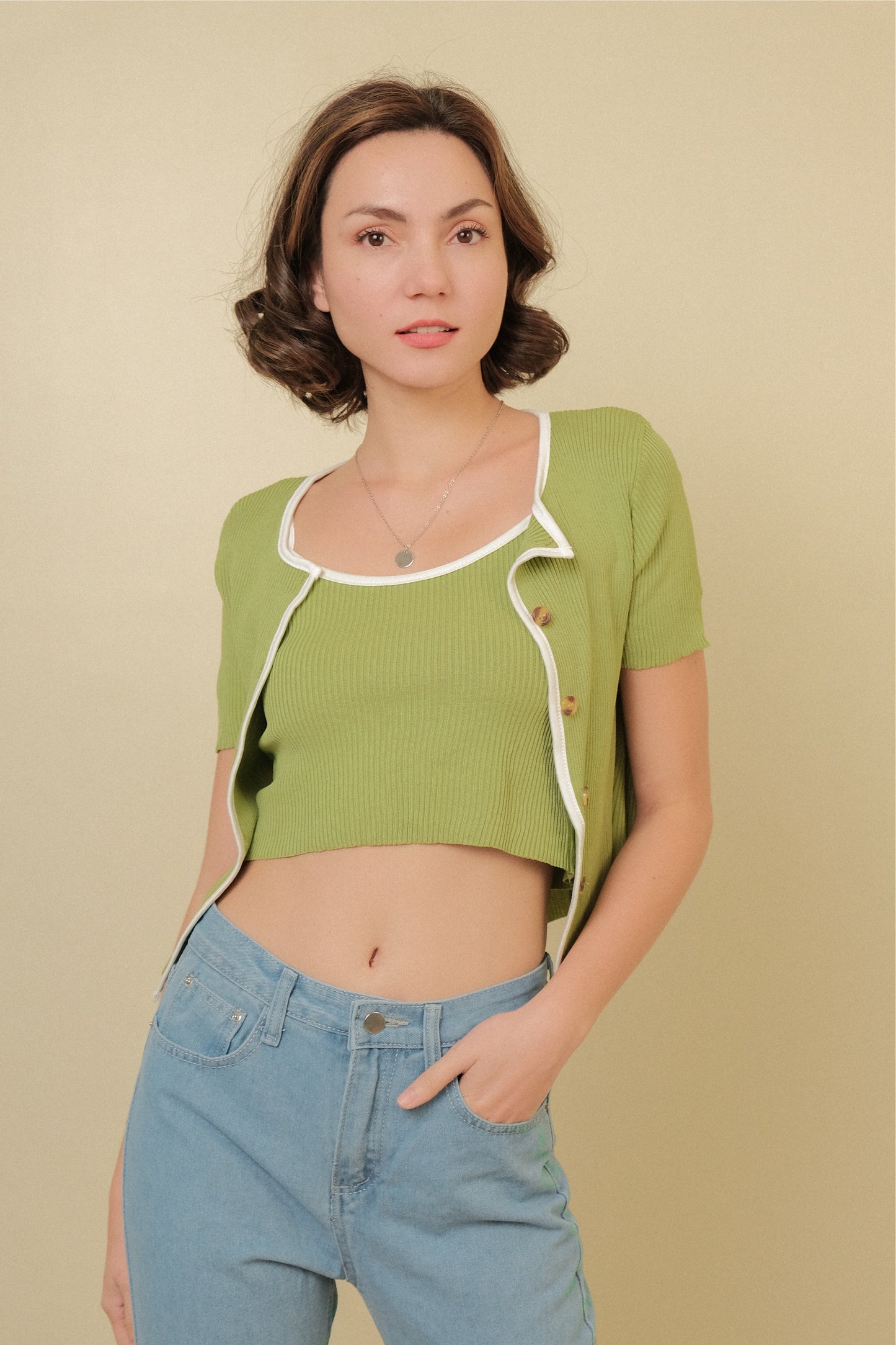 MISSY CAMI AND CARDIGAN SET IN GREEN
